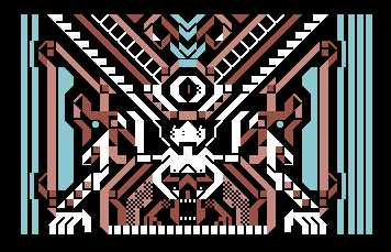 Raquel Meyers 于 2015 年制作的 PETSCII 作品，以白、浅蓝和棕色几何单元形成对称结构。